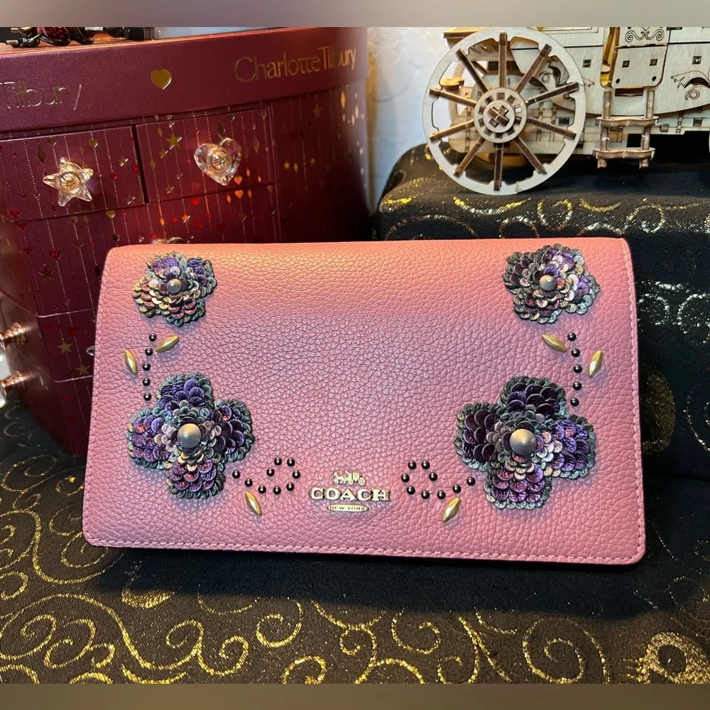 Coach Hayden Pink Floral Dinky Clutch Crossbody w Purple Leather Sequin Flowers